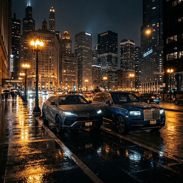 Luxury exotic cars on Chicago downtown street at night